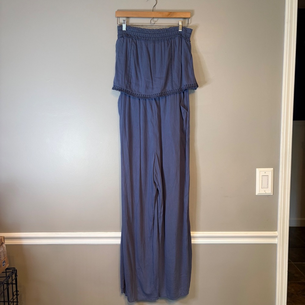 Aerie Blue Strapless Wide Leg Jumpsuit Crochet Trim Gauze Womens Medium M